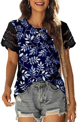 Camiseta da blusa para mulheres de manga curta 2023 barco pescoço de renda de algodão gradiente de border floral lounge top xr xr