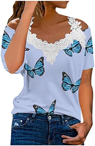 Camiseta de Encaje conformado de mariposas Mujer BLUSA manga corta retazos y cuello en v con hombros descubiertos