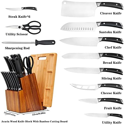 Conjunto de blocos de faca de madeira, faca de cozinha de 18 peças com bloco de faca de madeira de acacia, talheres com apontador