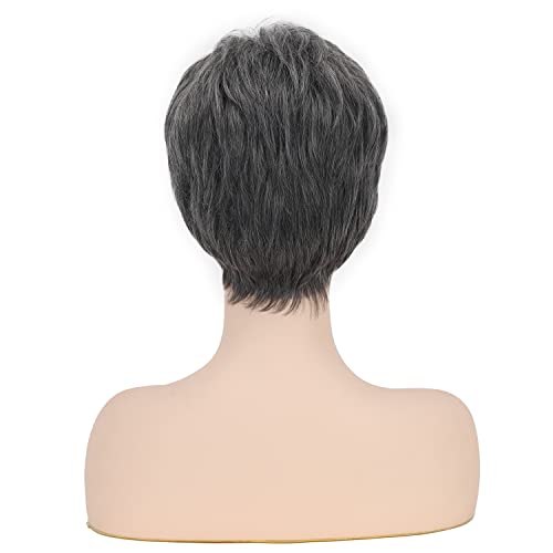 Rennershow Grey Pixie Wigs para mulheres brancas cinza misto misto preto peruca sintética em camadas de cabelo curto com franja cinza escuro cortes de cabelo diário de festa