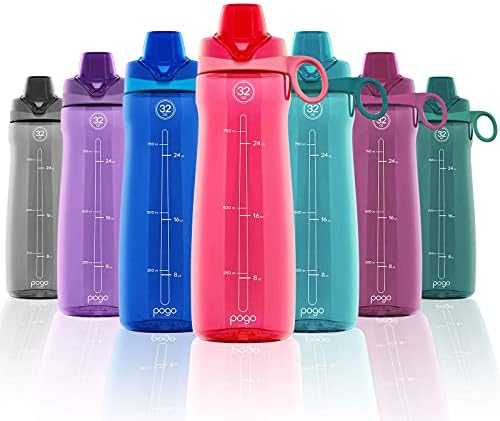 Garrafa de água plástica sem Pogo BPA com tampa de batida, roxa, 32 oz. Garrafa de água de plástico tritan sem BPA com palha macia, 32 oz, fúcsia