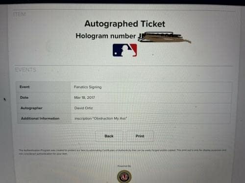 David Ortiz Game Usado 2013 Jogo 3 Ticket * MLB Holo assinou Obstrução My Ass - MLB Game Autografado Usado Bats