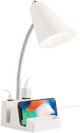 Lâmpada de mesa de LED com 1 porta de carregamento USB e 1 tomada CA, base do organizador, pescoço ajustável, interruptor