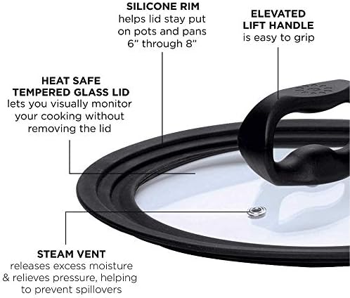 Ecolution ventilou vidro temperado, aro de silicone resistente ao calor se encaixa em utensílios de cozinha de 6 polegadas a 8 polegadas, lava -louças segura, tampa de substituição, pequena, preta