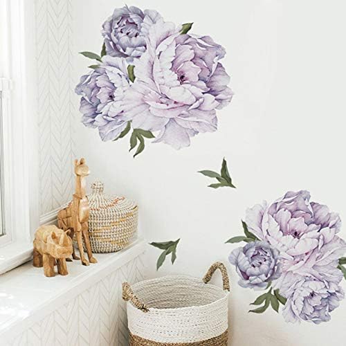 Decalques de parede peony delicados adesivos de parede floral de flores para a sala de estar, aquarela de flores roxas claras