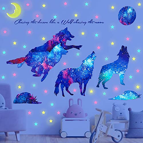 Adesivo de lobo tcm com lua e estrelas decalque de parede removível Galaxy Wolves Wall Sticker para o quarto de garotas quarto decoração de berçário de quarto