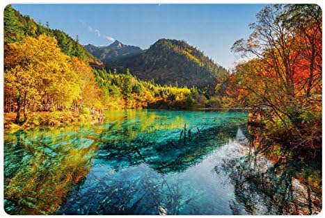 Lunarable Landscape Pet Tapete Para comida e água, vista colorida do lago de 5 flores com água azul entre bosques de outono em