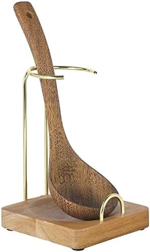 Mygift moderno acacia madeira de cozinha vertical spatula utensil spo colher descanso com fios de metal de bronze, bancada vertical parada de concha em pé