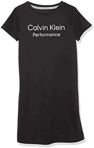 Vestido de desempenho das garotas de Calvin Klein, estilo de tração com decote de pescoço de tripulação, detalhamento do logotipo