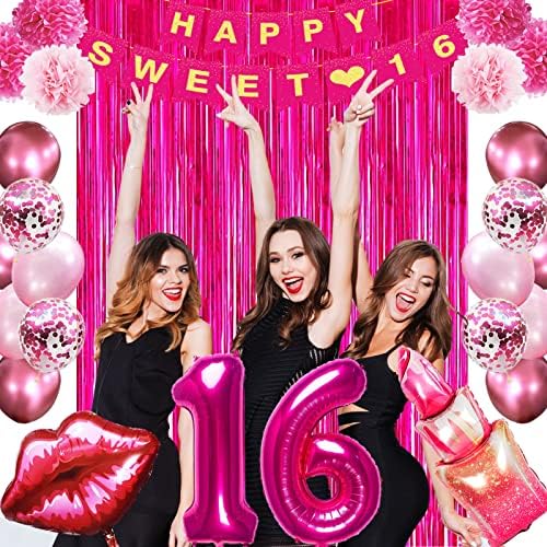 Crenics Pink quente Doce 16 decorações de aniversário para meninas - Feliz doce banner de 16 anos, balões de 24 anos, 2 cortinas de papel, Pom Pom Poms, Balões de folha de batom de lábios e balão número 16