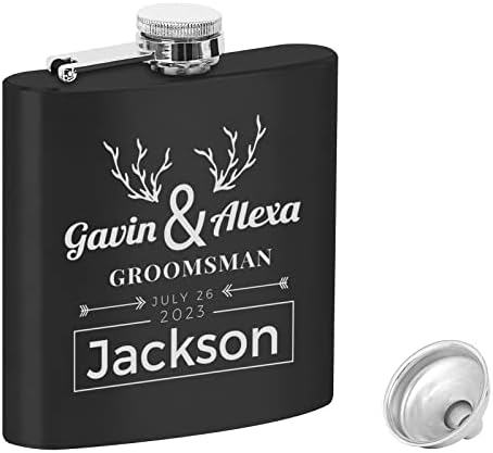 Toptie Glask Custom Gift for Groomsman, Gabinetes de Liquor de aço inoxidável personalizados 6 onças de casamento gravado Gift- chifre