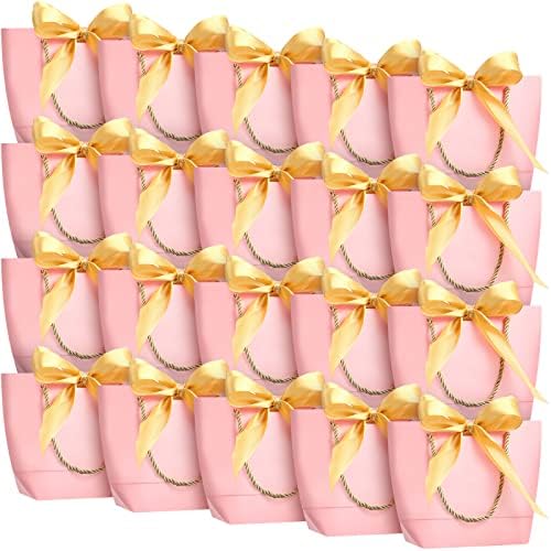 Mimorou 40 PCS sacolas de presente rosa com alças Bolsa de favor da fita de fita de arco 8,27 x 6,3 x 2,76 polegadas sacos de papel rosa para casamento de aniversário do dia dos namorados da dama de honra Supplies de festa de férias de férias