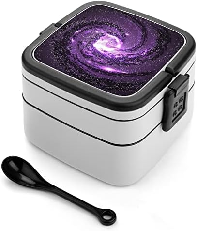 Galáxias roxas nebulosas cosmos duplo empilhável bento lancheira reutilizável recipiente de almoço com utensílios para jantar