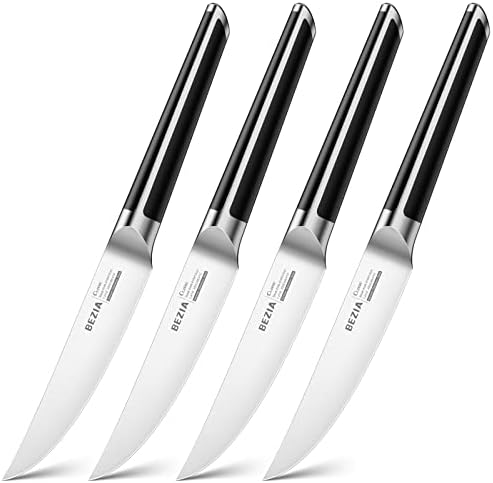 Facas de bife bezia, facas de bife não serradas conjunto de 4, 5 polegadas de bife de aço inoxidável alemão, 4 peças Faca de bife