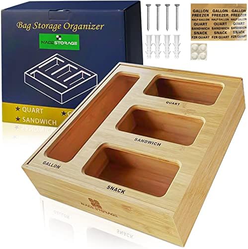 Nadz Storage Bamboo Ziplock Bag Organizer, Organizador da gaveta de sacos de armazenamento compatível com lanche, sanduíche, quart