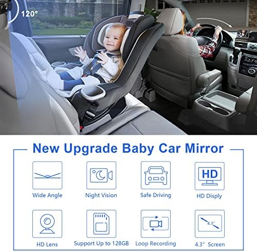 Vekooto Baby Car Câmera HD 1080p Monitor, Visão noturna e função de gravação, espelho do monitor de câmera do assento