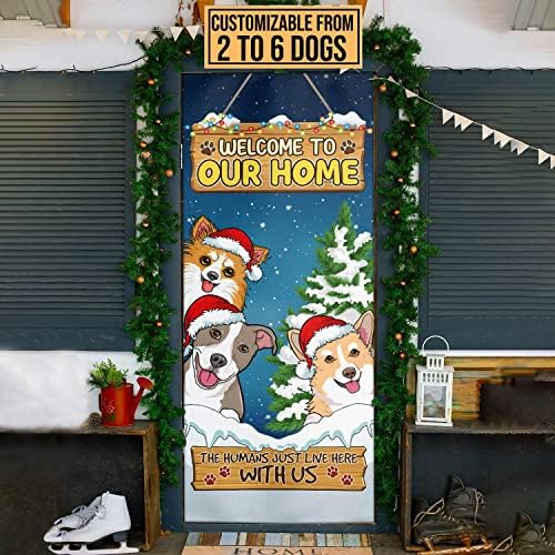 URVOG Bem -vindo à nossa casa de capa de porta de cães de cães - decoração de bandeira de porta de cães de Natal personalizada,