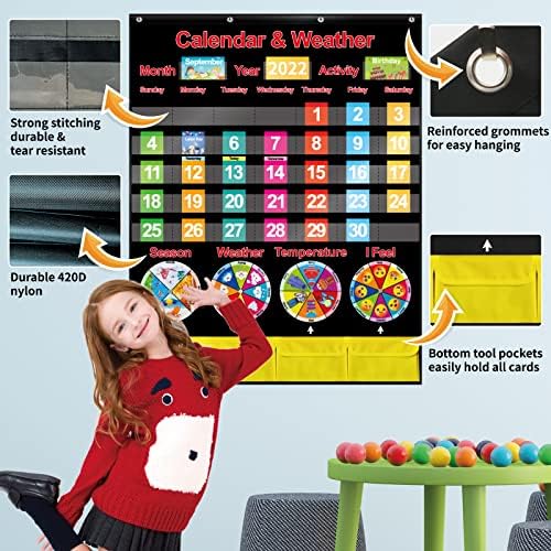 Gráfico de bolso do calendário e clima com 108 cartões 4 spinners 4 ganchos de portas Gráfico de bolso da sala de aula para crianças