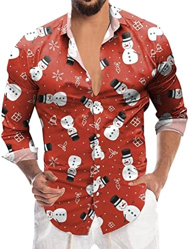 Zdfer Christmas Mens Casual Butão Camisas de Butão Longa Camisa de Rosco de Coloque Longo Camisa de Impressão Papai