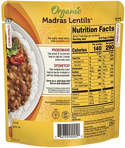 Saborosa mordida orgânica indiana madras lentilhas, microondas prontas para comer, 10 onças