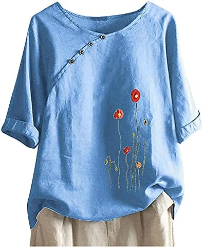 Camisas de linho de algodão para mulheres de verão no pescoço redondo de manga curta Flor de túnica solta Holiday Boho Floral