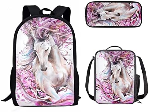 Doginthehole Horse Watercolor e Backpack Backpack Backpack School Livrofbag com bolsas de ombro e lancheira e uma bolsa de lápis