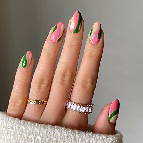 Pressione em forma de amêndoa unhas curtas unhas falsas designs rosa e verde Designs falsos unhas com cola para mulheres e meninas acessórios de unhas