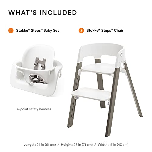 Stokke Passes High Chair - Pernas cinzentas nebulosas e assento branco - Sistema de 5 em 1 - Inclui conjunto de bebês - serve para bebês 6-36 meses - A cadeira possui até 187 libras. - Ferramenta grátis e ajustável