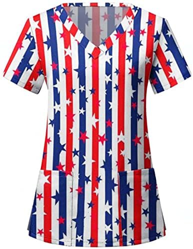 4 de julho Tops for Women American Flag Summer Summer Sleeve Camisa de decote em V com 2 bolsos Blusa Top Holiday