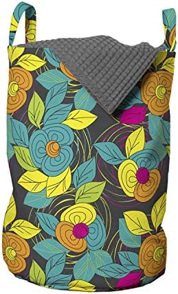 Bolsa de lavanderia floral lunarável, projeto abstrato de 3 flores coloridas vibrantes de 3 pétalas em linhas de vórtice em turbilhão, cesta de cesto com alças fechamento de cordão para lavanderias, 13 x 19, multicolor