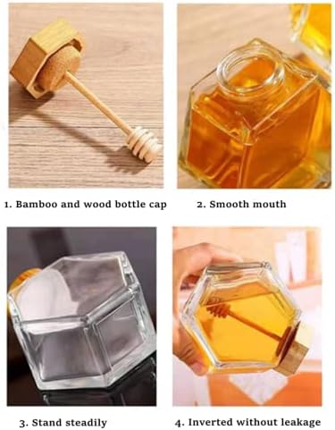 Joson 12ozhoney vidro jarra com haste de mecha de madeira e tampa de cortiça, recipiente de jarra de mel hexagonal, adequado para cozinha e sala de jantar
