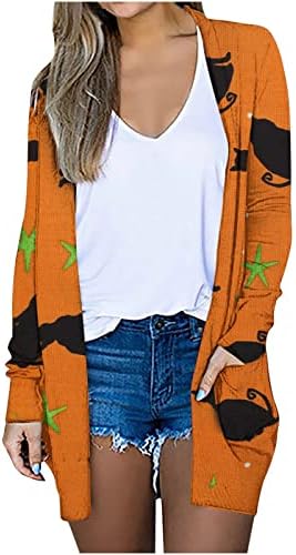Cardigan de tamanho grande para mulheres Halloween Open Front Cardigan Jacket Teen Girl Pumpkin Cat Print de manga comprida