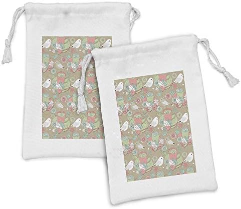 Conjunto de bolsas de tecido natural de Ambesonne de 2, xícaras de chá com pássaros flores fatias de limão e folhas em cores