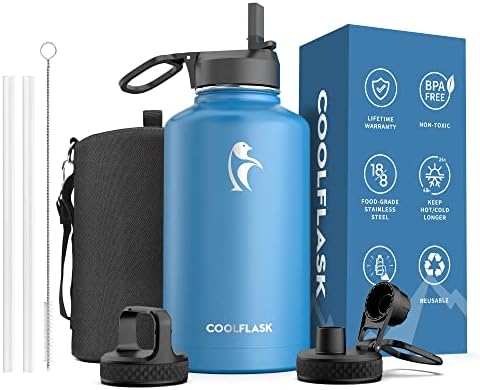 Fartina de água de FreshFlask 32 oz isolada com palha, metal de aço inoxidável 3 tampas de água de água larga para esportes