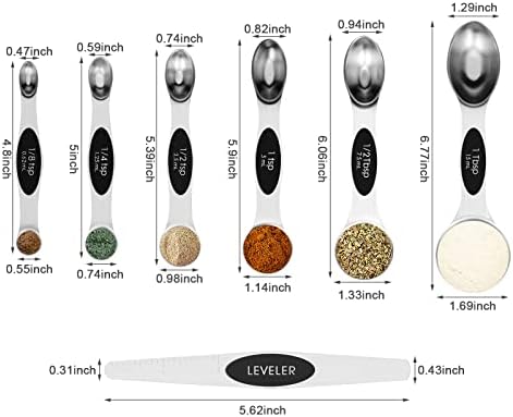 Aovchei Magtic Medice Spoons Conjunto, lacunal duplo, aço inoxidável, cabe em potes de especiarias, preto, conjunto de 7