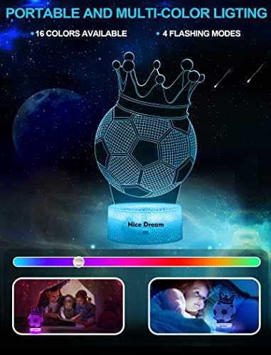 Luz noturna de futebol da coroa de sonho agradável para crianças, lâmpada noturna de ilusão 3D, 16 cores mudando com