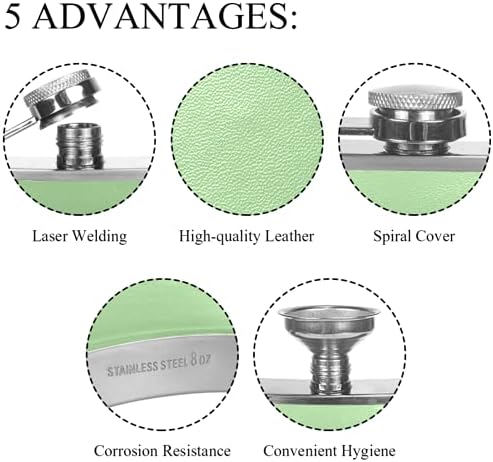 Balão de quadril para bebidas inoxidáveis ​​à prova de vazamento de aço inoxidável com funil 7,7 oz de couro, ótima ideia de presente de frasco - cor verde de hortelã pura