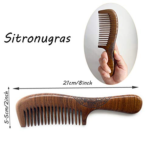 Siturogras pente de madeira, pente artesanal natural, pente de sândalo de dente fino para cabelos ondulados, cabelos grossos, cabelos