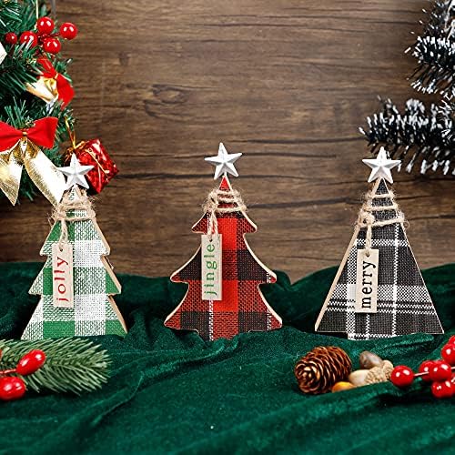 ADROITEET 3 peças Decorações de mesa de Natal, sinal de árvore de natal de madeira com estrela, Buffalo xadrez de bandeja em