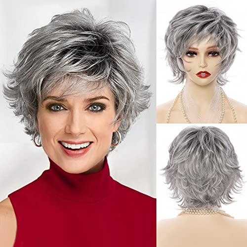 Leosa cinza ombre peruca pixie corta com franja para mulheres brancas, ombre cinza claro ombre sintético curto curto