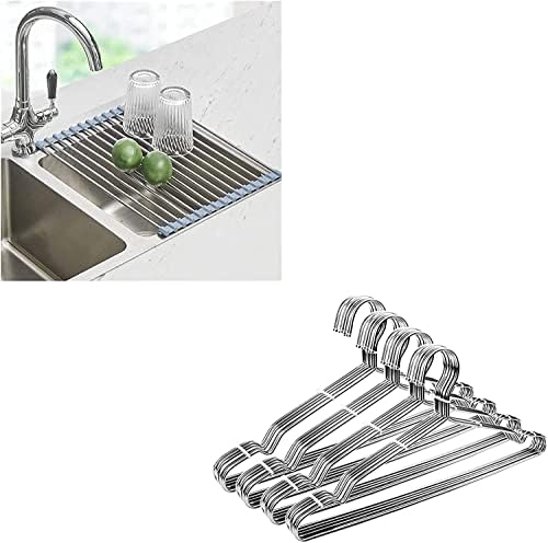 Seropy Roll Up Dish Secying Rack sobre a pia para organizador de cozinha e 40 cabides de roupas de metal com cabides de casaco pesado a granel