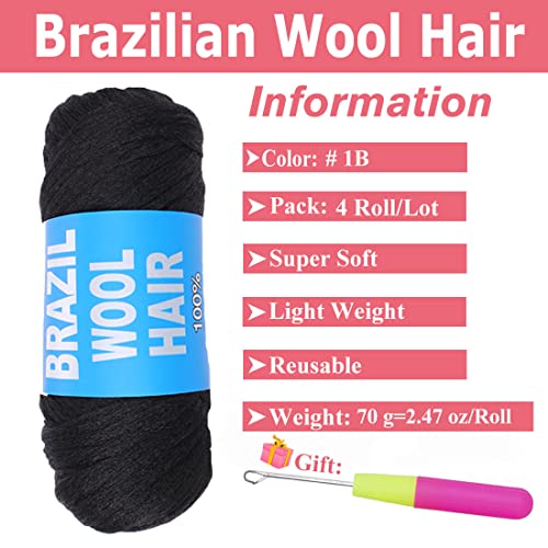 Cookoo 4 roll pêlo de pêlos de lã preto de lã preta para o cabelo de crochê de crochê africano tranças de jumbo senegales