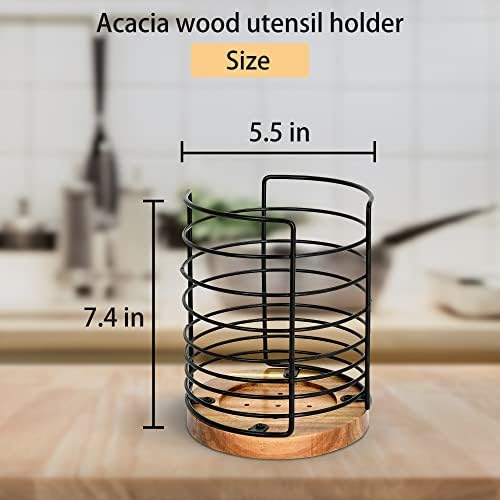 Suporte de utensílio para balcão de cozinha, suporte de utensílio de cozinha de arame preto com base de madeira acacia, suporte