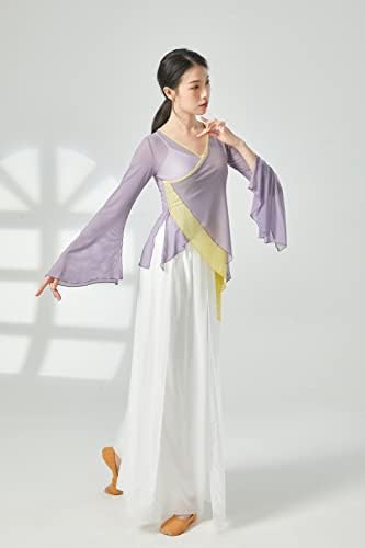 Angcoco feminino Flit Slit Mangas compridas Top de malha transparente para dança tradicional