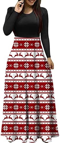 Vestido de camiseta feminina vestido de camiseta casual maxi vestido de camiseta de vestido de gola longa manga longa natal vestidos estampados de Papai Noel
