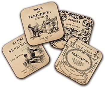 4 Coasters com os romances mais populares de Jane Austen. Orgulho e preconceito, Emma, ​​senso e sensibilidade e persuasão.