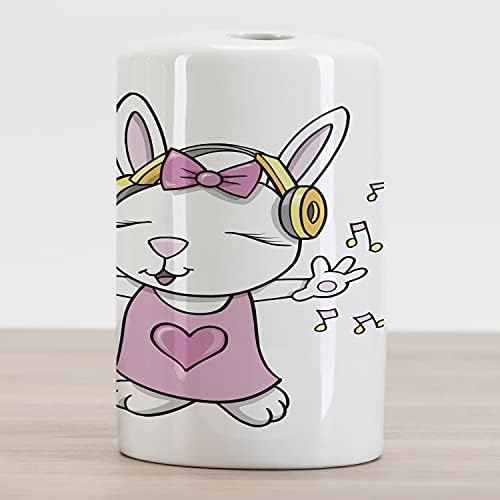 Ambesonne Bunny Cerâmica de dentes de dentes, rock estrela de coelho alto -falantes de animais de coelho Notas de músicas humor cartoon de coração, bancada versátil decorativa para banheiro, 4,5 x 2,7, amarelo rosa pálido
