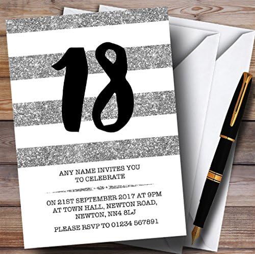 Glitter Silver & White listrado 18º convites de festa de aniversário personalizados