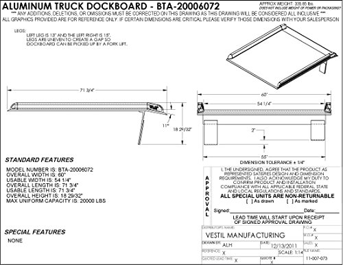 Vestil BTA-20006072 Dockboard de caminhão de alumínio, capacidade de 20000 lb., 60 x 72, prata