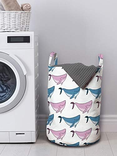 Bolsa de lavanderia de baleia de Ambesonne, padrão de animais marinhos com peixe sorridente nadando feliz estilo de doodle, cesto